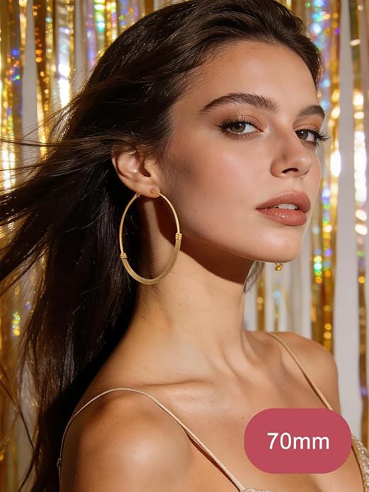 FOCALOOK 14K Gold Plated Hoop Earrings, Lightweight Hypoallergenic Large Stainless Steel Black Hoops Earrings for Women 20/30/40/50/60/70/80mm