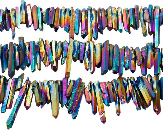 TUMBEELLUWA Rock Quartz Crystal Points Loose Beads for Jewelry Making, Titanium Coated Polished/Raw Quartz Beads 15 Inches Top Drilled,Rainbow Crystal Points(0.45"-1.35")