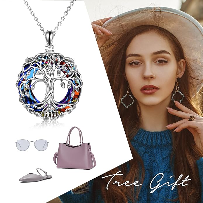 POPLYKE Tree of Life Necklace for Women Sterling Silver Celtic Knot Family Tree With Blue/Purple/Volcano Crystal Irish Gifts for Mom Wife Birthday Christmas