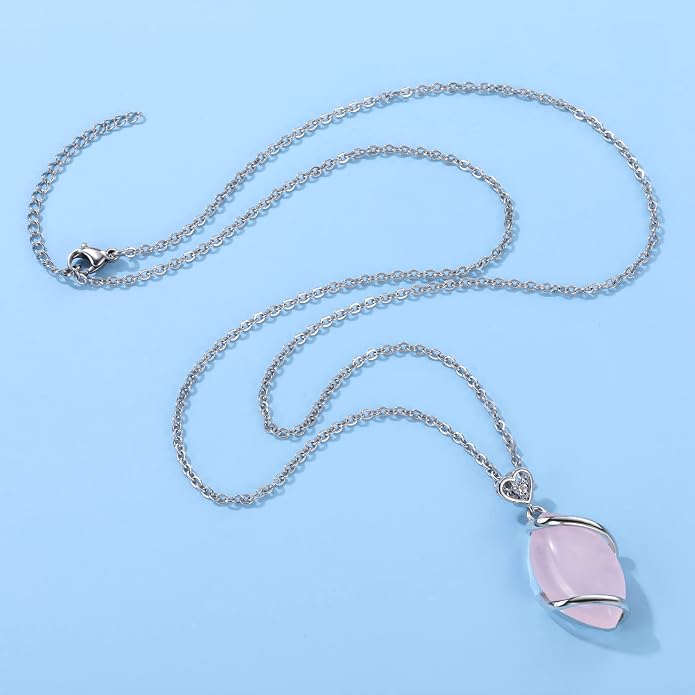 Jovivi Amethyst Rose Quartz Stone Necklace for Women Men, Full Wire Wrapped Natural Gemstone Reiki Healing Crystal Pendant Jewelry