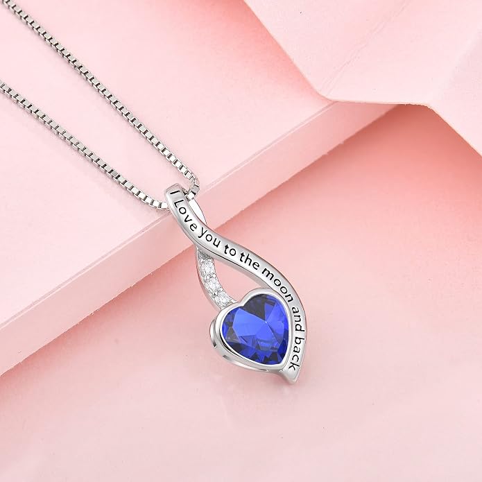 I Love You to The Moon and Back Necklace for Women, 925 Sterling Silver Heart Birthstone Pendant Necklace Jewelry Anniversary Birthday Gifts for Girls Women Wife Mom Daughter