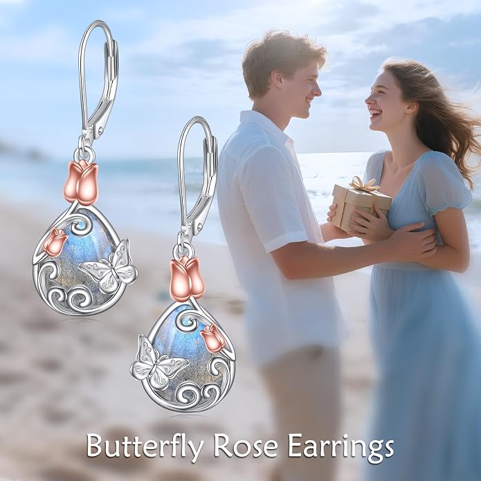 AOBOCO Teardrop Dangle Earrings for Women 925 Sterling Silver Moonstone Flower Filigree Leverback Jewelry Birthday