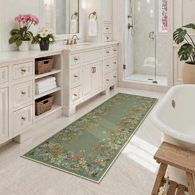 Wonnitar 2x6 Washable Runner Rug, Green Floral Hallway Runner, Boho Botanical Kitchen Rug, Non Slip Bedroom Runner for Side of Bed, Farmhouse Laundry Bathroom Decor (2x6 Green)