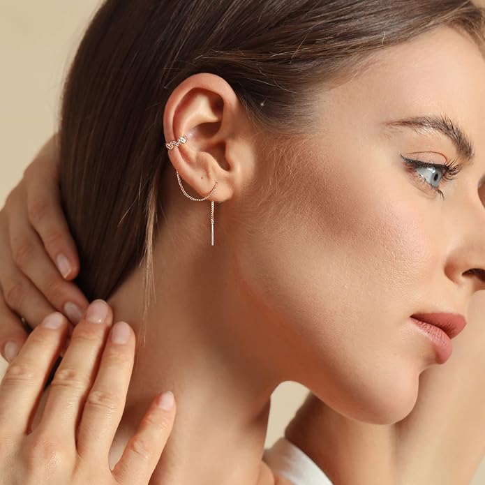 Threader Ear Cuff for Women 18K Real Gold Plated Cubic Zirconia Wrap Chain Earrings Hypoallergenic Drop Earring Crawler Climber Ear Cuffs Gift