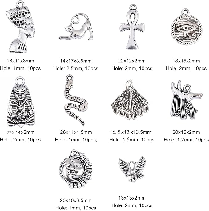 DanLingJewelry 100 pcs 10 Styles Egyptian Theme Antique Sliver Charms Pharaoh Pyramid Ankh Cross Evil Eye Snake Charms for Jewelry Making