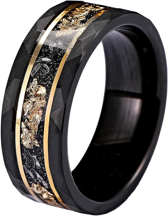 Mens Tungsten Carbide Wedding Bands 8mm Black Hammered Edge Gold Foil Inly Durable Scratch Proof Stainless Steel Cool Promise Ring for Him Comfort Fit