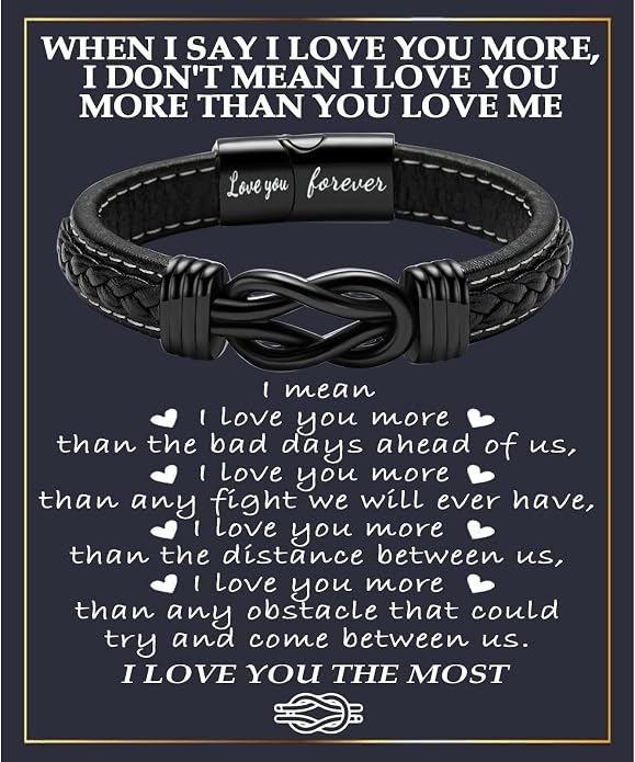 Gifts for Men Infinity Leather Bracelet for Dad New Daddy Husband Boyfriend Son Grandson Brother Nephew Uncle Black Braided Engraved Leather Jewelry Gifts for Fathers Day Birthday Christmas