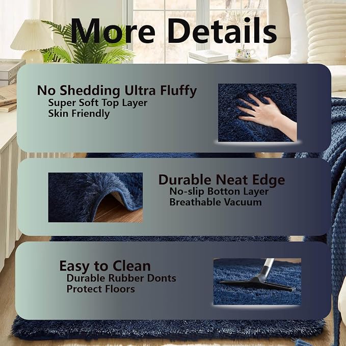 Floralux 8x10 Area Rug for Bedroom, Dark Blue, Large Shag Rugs Living Room Rug, Ultra Soft Shaggy Fluffy Carpet for Playroom, Plush Modern Floor Carpets for Kids Room, Home Office