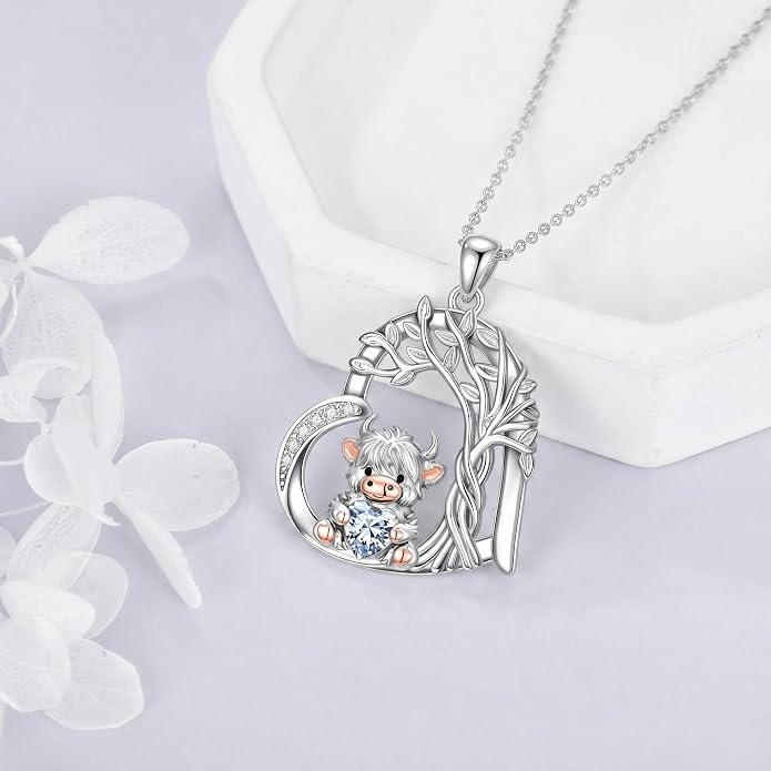 PELOVNY Teddy Bear Necklace for Women 925 Sterling Silver Bear/Highland Cow/Fox/Cat/Axolotl Birthstone Necklace Christmas Birthday Jewelry Gifts for Mom Daughter Wife Sister