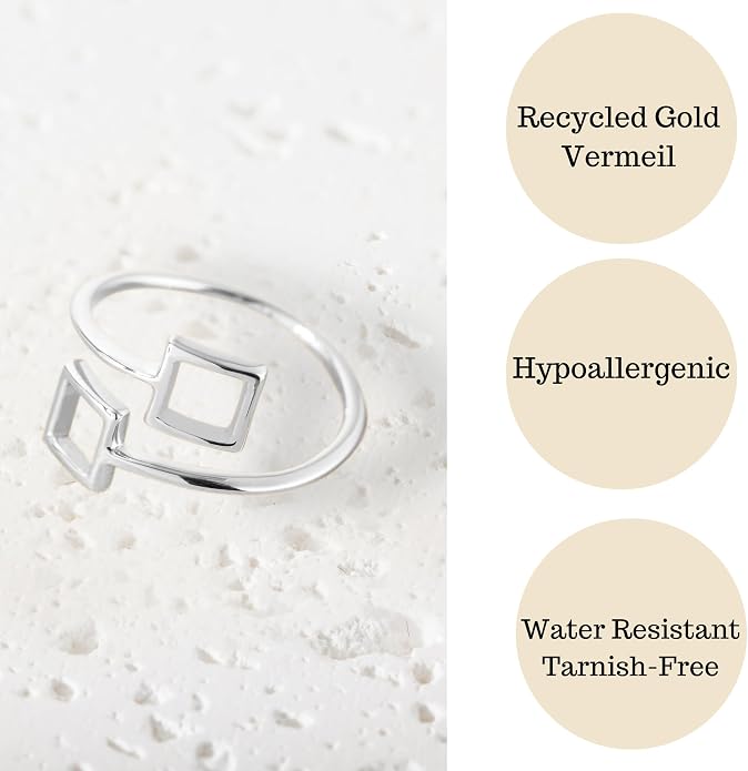 18k Gold Plated Simple Minimalist Square Adjustable Stackable Halo Ring Band for Women Valentines Day Gifts for Her Comes with a Gift Box