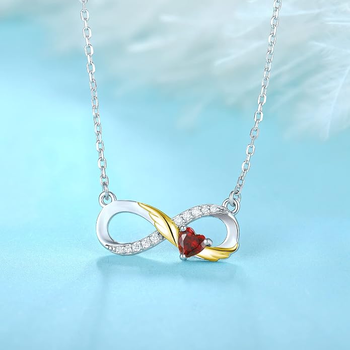 STARCHENIE Infinity Necklace 925 Sterling Silver Angel Wings Heart Birthstone Necklace for Women