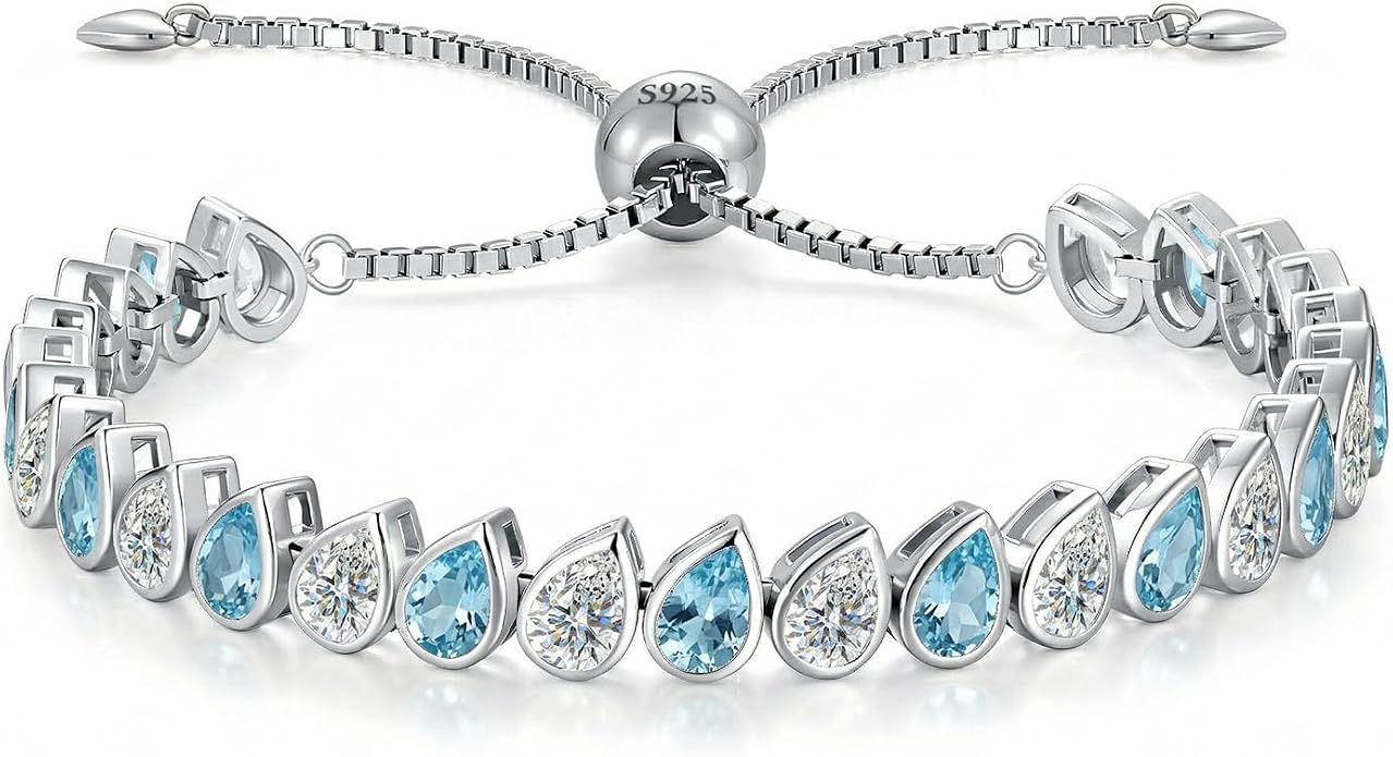 Birthstone Tennis Bracelet for Women 925 Sterling Silver Pear Shaped Gemstone Inlaid White Gold Plated Adjustable Chain Gifts for Mom Wife