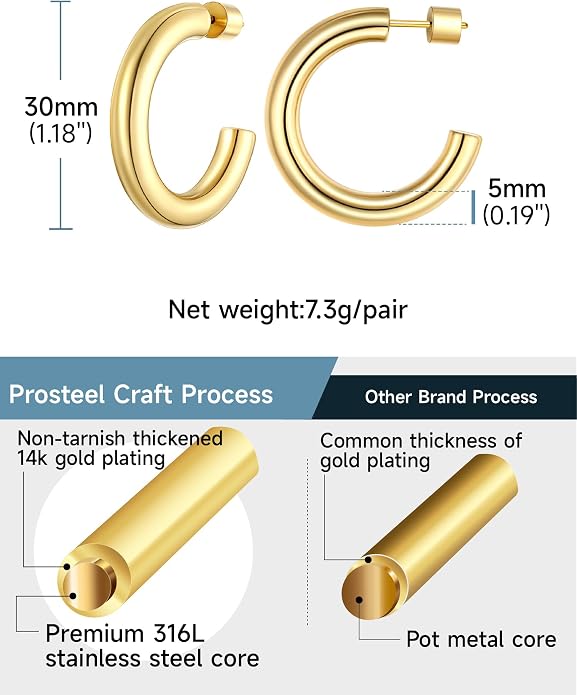 Stainless Steel Chunky Hoop Earrings For Women, Minimalist and Chic, Black/Gold Plated, Round Hoops Earrings Hypoallergenic, Size: 30mm/40mm/60mm/80mm, Come with Box