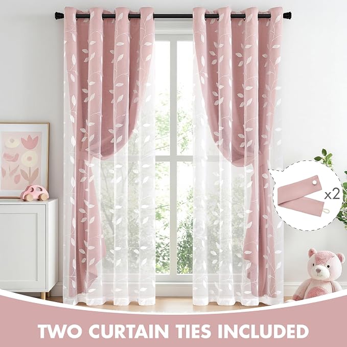 MIULEE Double Layer Curtains 96 Inches Long, White Leaf Patterned Sheer Floral Drapes and Pink Blackout Room Darkening Window Curtains for Living Room Bedroom, Grommets Top, 52" W x 96" L, 2 Panels