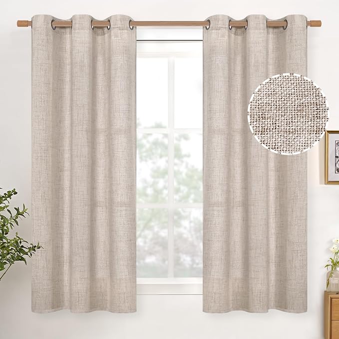 YoungsTex Linen Semi Sheer Curtains 45 Inch Length 2 Panels with Grommet | Short Light Filtering Drapes Natural Textured for Bedroom Bathroom Window, 2 Panels, 42 X 45 Inch