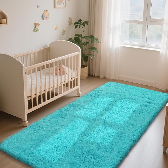Teal Blue Rug Fluffy Rugs, 3x7 Teal Area Rugs for Bedroom, Soft Play Mat, Indoor Floor Carpet for Teen, Preppy Dorm, Plush Aesthetic Bedside Rug