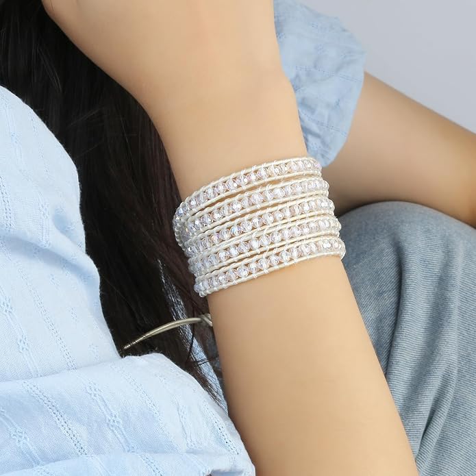 KELITCH Pearl Crystal Beads Bracelets Handmade Natural Leather 5 Wrap Bracelet for Women Classic Bangle Jewelry