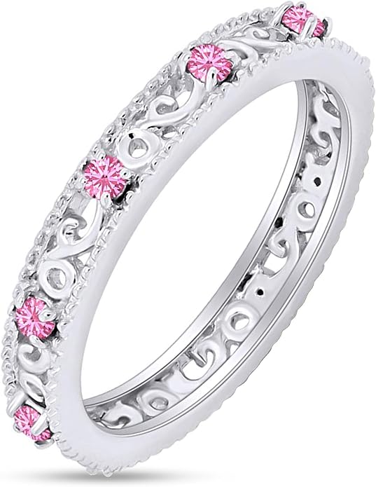 Jewel Zone US Filigree Eternity Wedding Band Ring for Women, Round Cut Simulated Gemstone Stackable Promise Ring in 14K Gold Plated 925 Sterling Silver Band Width 3.5mm – Elegant Jewelry for Her