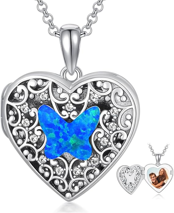 Dorunmo Personalized Locket Necklace 925 Sterling Silver that Holds Pictures Butterfly Birthstone Photo Heart Locket Custom Jewelry Congratulations New Beginnings New Job Gifts for Women