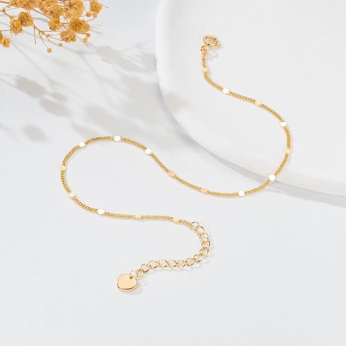 14K Gold Anklets for Women Gold Ankle Bracelets for Women Cuban Chain with Spaced Tiny Disc 11(9+2) Inches