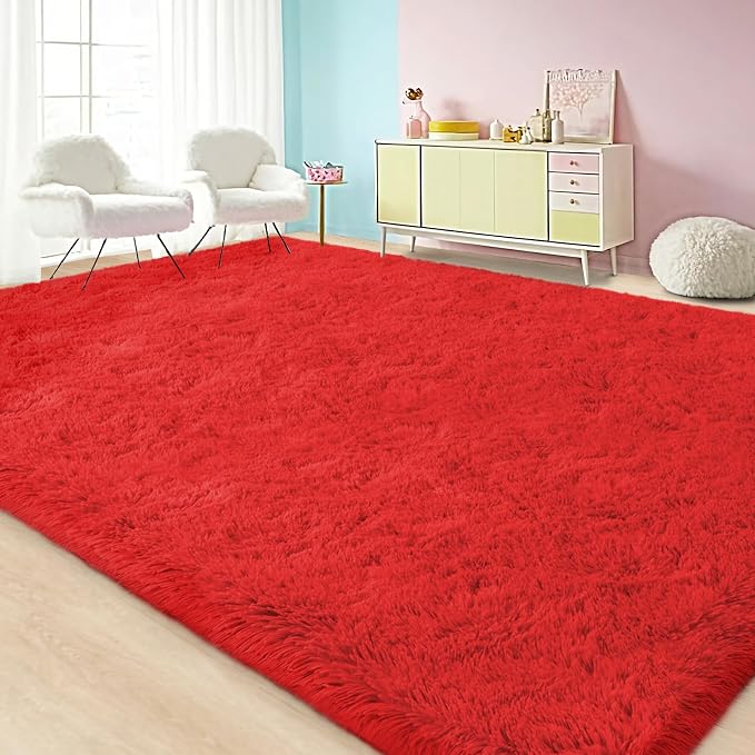 Large Area Rugs for Living Room Bedroom 4x6 Red Fluffy Shag Rugs | Ultra Soft Shaggy Plush Fuzzy Modern Indoor Throw Floor Carpet for Kids Girls Boys Dorm Nursery Home Decor Aesthetic