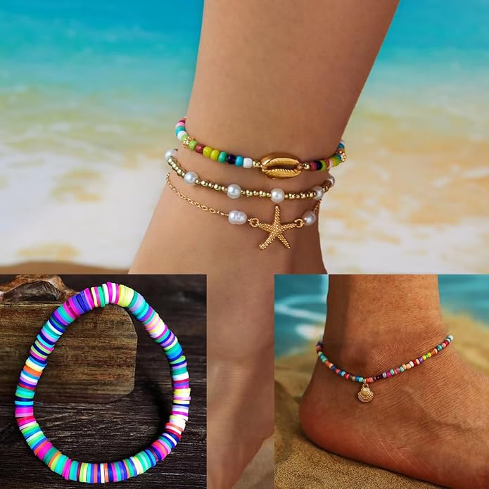 5PCS Boho Ankle Bracelets for Women Adjustable Bead Anklet Seashell Starfish Conch Ankle Bracelet Layered Colorful Beaded Anklet Bracelets Set Hawaiian Summer Beach Foot Jewelry
