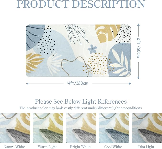 Lahome Boho Rug Runner - 2x4 Area Rug Non-Slip Washable Soft Bathroom Runner Rug Small Throw Long Bath Rug Blue Kitchen Runner, Botanical Print Foor Mats Runner Rug for Bedroom Hallway Laundry Room
