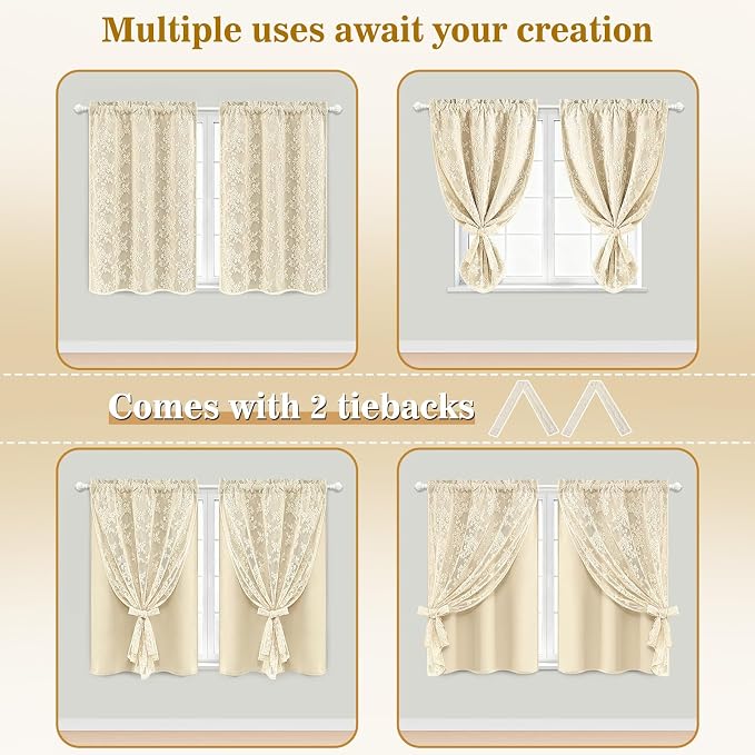 Yinhua Double Layer Kitchen Curtains 36 Inch Length Beige Blackout Curtains for Kitchen Rod Pocket Short Curtain for Windows, Small Window Curtain for Bathroom, Living Room, 2 Panels
