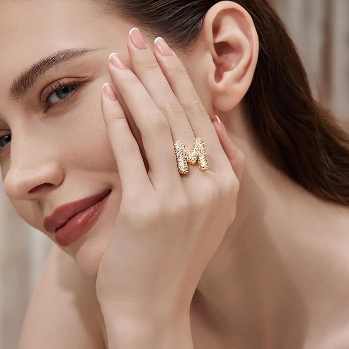 Cicy Bell Initial Rings for Women 14k Gold Plated Cubic Zirconia Delicate Letter Chunky Statement Open Rings Gifts for Her