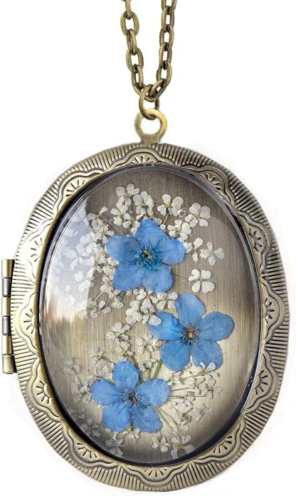 Handmade Oval Shaped Photo Locket with dried Pressed Flowers Locket pendant Necklace
