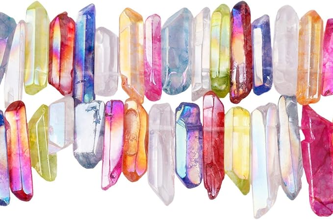 TUMBEELLUWA Rock Quartz Crystal Points Loose Beads for Jewelry Making, Titanium Coated Polished/Raw Quartz Beads 15 Inches Top Drilled,Multi-Color Crystal Points(0.5"-1.6")