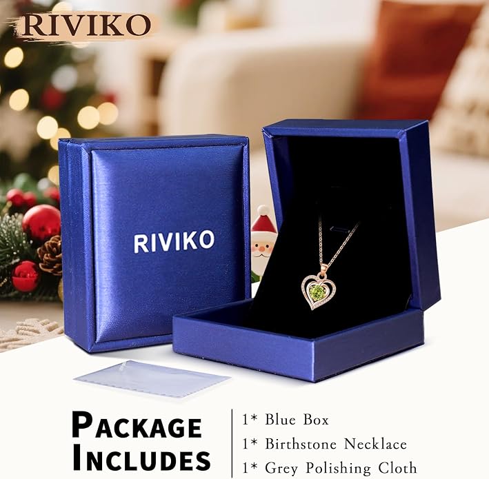 RIVIKO Heart Birthstone Pendant Necklace for Women 925 Sterling Silver Zirconia Necklaces Valentine's Day Anniversary Birthday Mothers Day Jewelry Gifts For Her Mother Wife