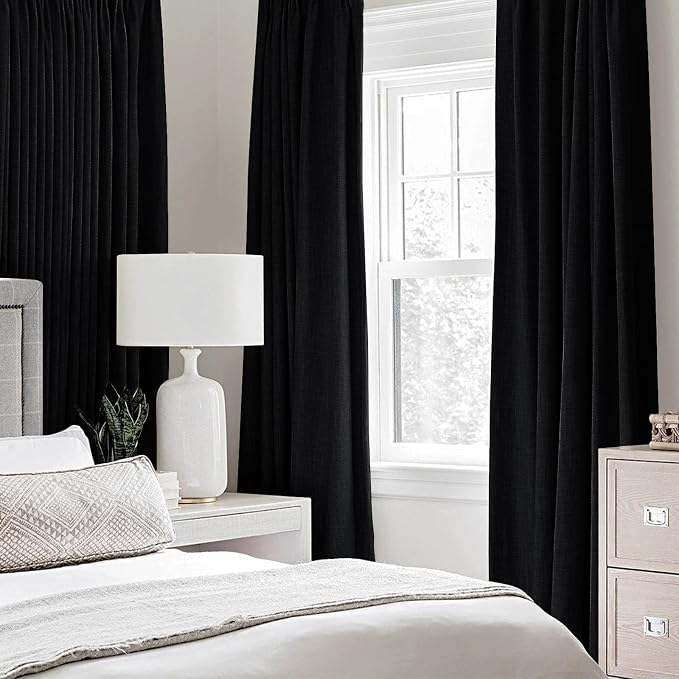 MIULEE Linen Texture Curtains for Bedroom Solid 100% Blackout Thermal Insulated Halloween Black Curtains Grommet Room Darkening Drapes for Living Room 52x84 Inch (2 Panels)