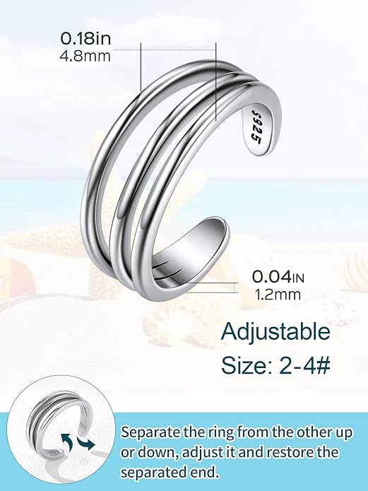 ChicSilver 925 Sterling Silver Toe Ring Minimalist Hypoallergenic Adjustable Band Ring Summer Beach Bare Foot Jewelry