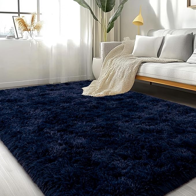 Large Area Rugs for Living Room Bedroom 5x7 Navy Blue Shag Rugs | Ultra Soft Fluffy Shaggy Plush Fuzzy Modern Indoor Throw Floor Carpet for Kids Girls Boys Dorm Nursery Home Decor Aesthetic