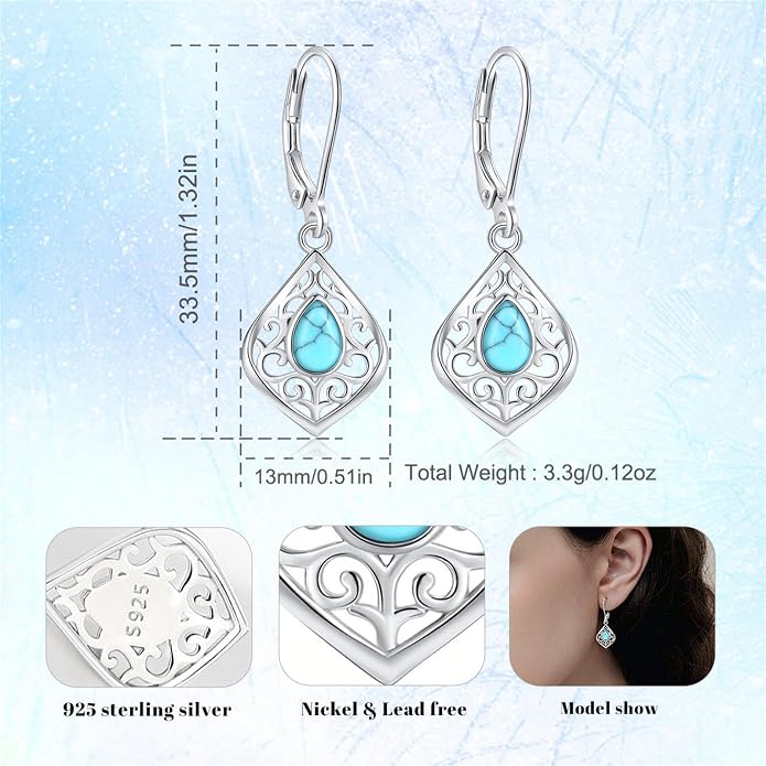 Vito 925 Sterling Silver Teardrop Earrings for Women, Moonstone Turquoise Drop Dangle Earrings Cat Snake Turtle Tree of Life Leverback Earrings Boho Jewelry Gift for Mom Wife