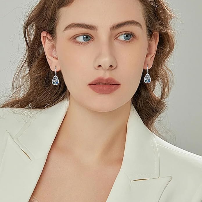 Odinstone 925 Sterling Silver Earrings Tree of Life Teardrop Moonstone Dangle Drop Leverback Earrings for Women
