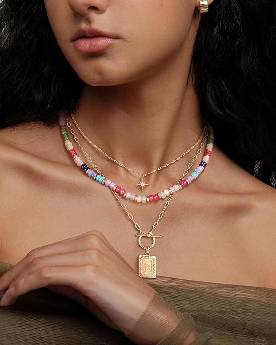 MJartoria Layered Initial Necklaces for Women Trendy, 14K Gold Plated Brass Simple Star Choker Square Letter Pendant Necklace, Colorful Beaded Necklaces Jewelry Gifts