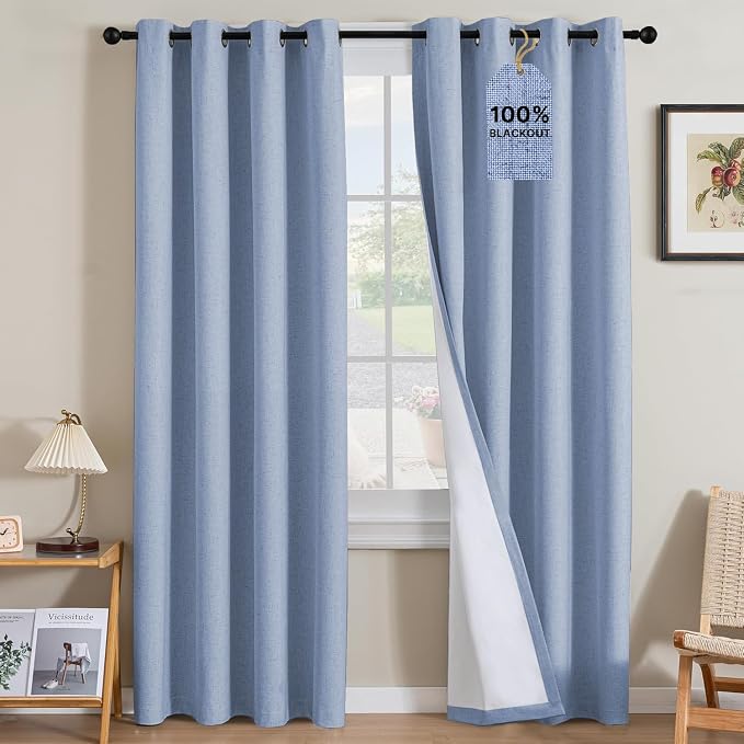 H.VERSAILTEX Linen Curtains 100% Blackout Curtains for Bedroom 84 inch Long Full Light Blocking Nature Linen Blended Window Curtains for Living Room Nickel Grommet (2 Panels, Heathered Chambray Blue)