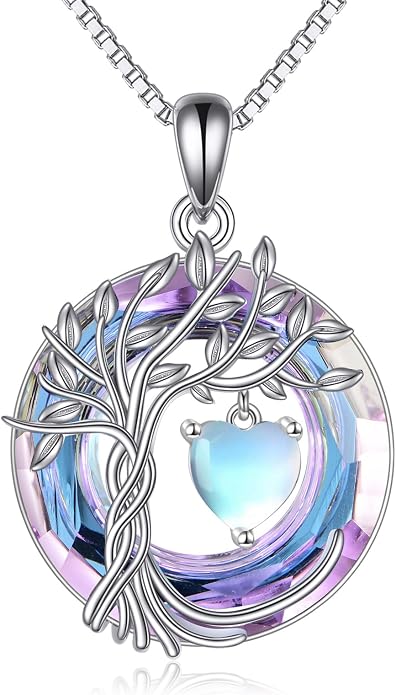 POPLYKE Mothers Day Gifts for Mom Her Wife Tree of Life Necklace 925 Sterling Silver Birthstone Pendant with Crystal Anniversary Birthday Wedding Jewelry for Women