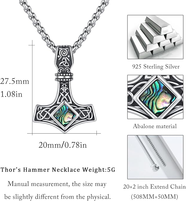 925 Sterling Silver Viking Norse Mjolnir Thor Hammer Pendant Amulet Necklaces with Gifts Box