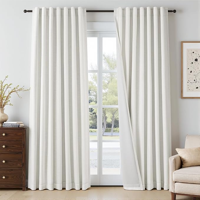 Topfinel 84 Inch Long Blackout Linen Drapes for Bedroom Cozy Beige White Pinch Pleated Back Tabs Curtains Noise Reducing Kids Curtains for Sound Snap, Rustic Boho Decor, Beige White 52" W*84" L
