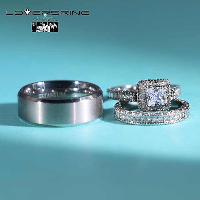 Couple Ring Bridal Set His Hers Women 10k White Gold Filled AAA Cz Men Stainless Steel Wedding Ring Band Set