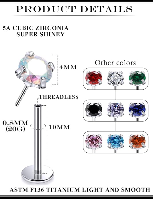 20G 18G 16G Astm F136 Titanium Threadless Flat Back Earrings Nose Studs Tragus Helix Conch Cartilage Lobe Earrings Medusa Labret Snake Bite Monroe Lip Ring Piercing Jewelry For Women Men