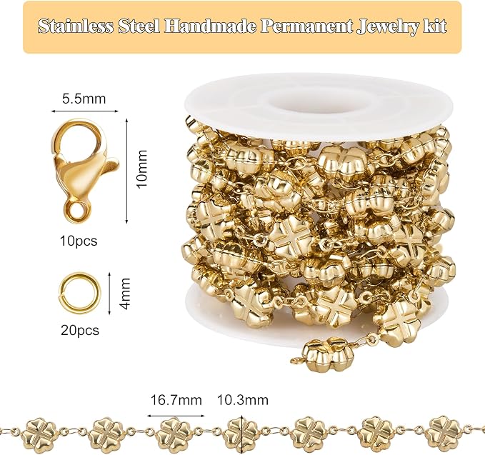 GTVOODX 18k Gold Plated Soldered Jewelry Making Chains 6.6 Ft Four Leaf Clover Stainless Steel Handmade Bulk Chain Roll for DIY Jewelry Necklace Bracelet Making with Jump Rings and Lobster Clasps