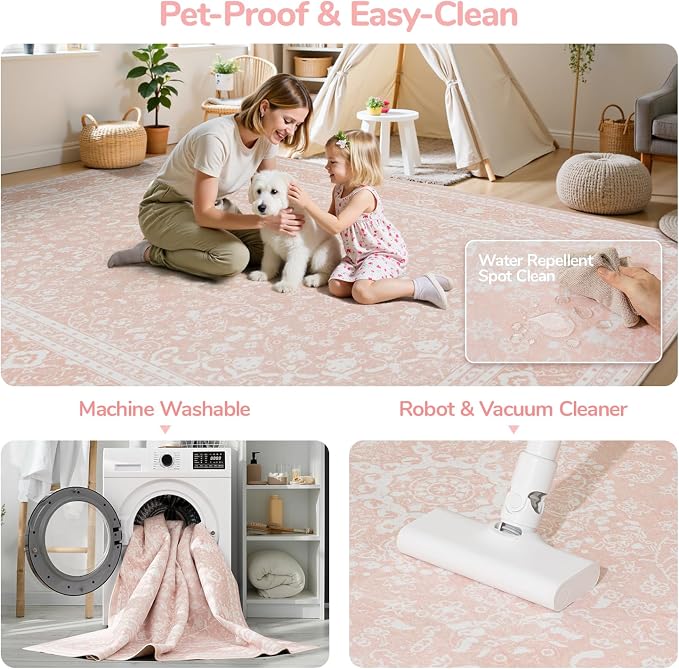 Lessymo 8 x 10 Area Rugs for Living Room, Machine Washable Area Rugs Boho Faux Wool Low Pile Area Rug for Bedroom, Floral Medallion Vintage Rugs with Non-Slip Rubber, Kid & Pet Friendly,Pink