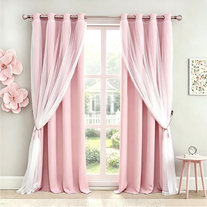 Short Pink Blackout Curtains with Sheer Overlay - Grommet Privacy Drapes, Cute Window Treatments for Kids/Girls Bedroom Nursery LivingRoom, 52 x 54 in, 2 PCs