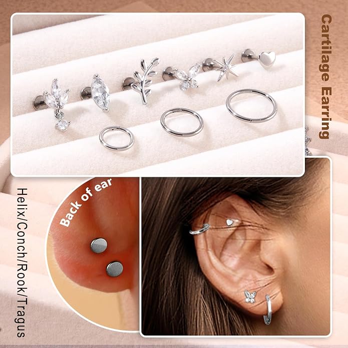 G23 Titanium 10Pcs 16G/18G Stud Earrings Flat Back Tragus Cartilage Earrings Rings Hoops CZ Butterfly Flower Leafage Heart Stud Labret Conch Helix Piercing Jewelry Set