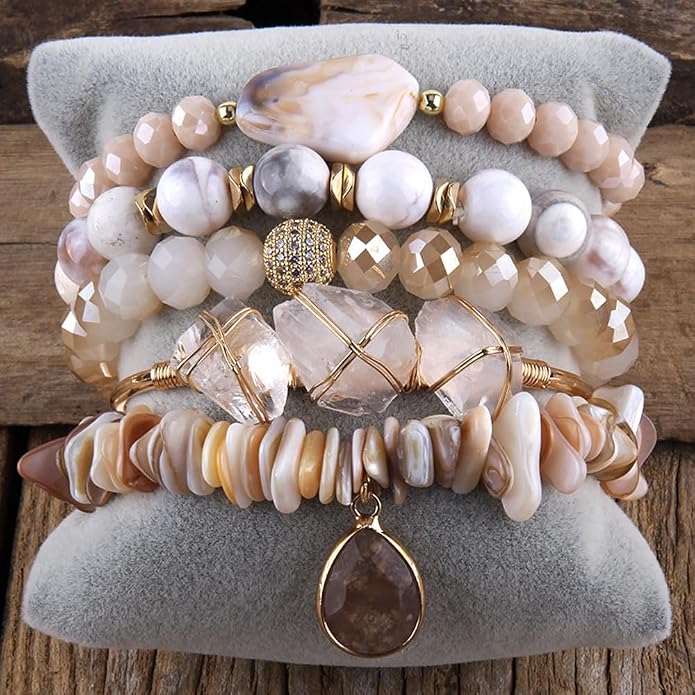 Yomisa 5PCS 6PCS Natural Boho Beaded Bracelets/Bangle for Women Men,Healing Turquoise Jasper Agate Crystal Gemstone Stone Chakra Multilayer Wrap Bohemian Handmade Jewelry Beads Stretch Bracelet Set