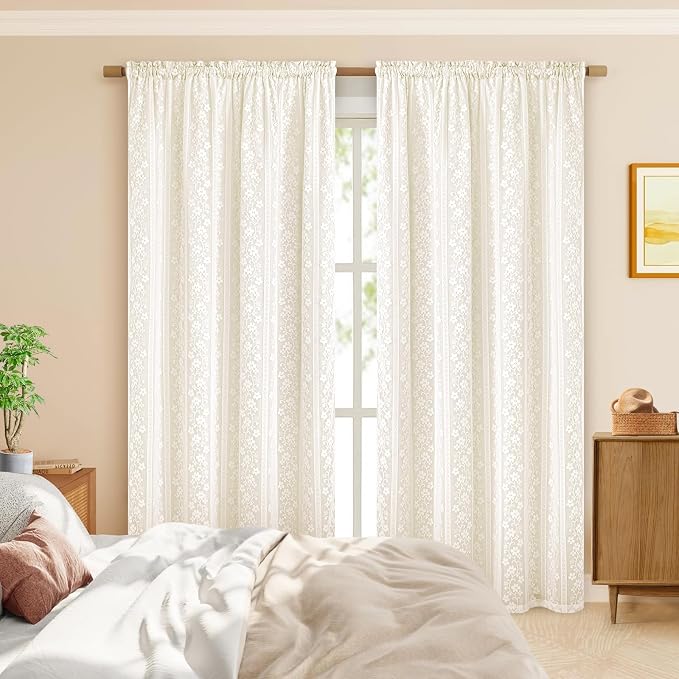 ASPMIZ Linen Curtains for Bedroom, Double Layered Boho Curtain for Living Room Farmhouse Curtain 84 Inch Length 2 Panels Set, Rustic Curtains & Drapes Rod Pocket with Tiebacks, 52 x 84 Inch, Beige